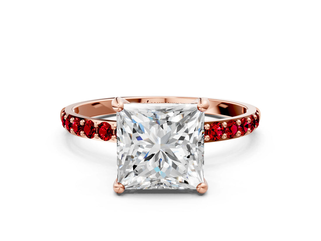 Rose gold Princess Cut Diamond Solitaire Ring with Round with Ruby side stone Pavé Band and Prong Setting_36