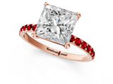 Rose gold Princess Cut Diamond Solitaire Ring with Round with Ruby side stone Pavé Band and Prong Setting_37