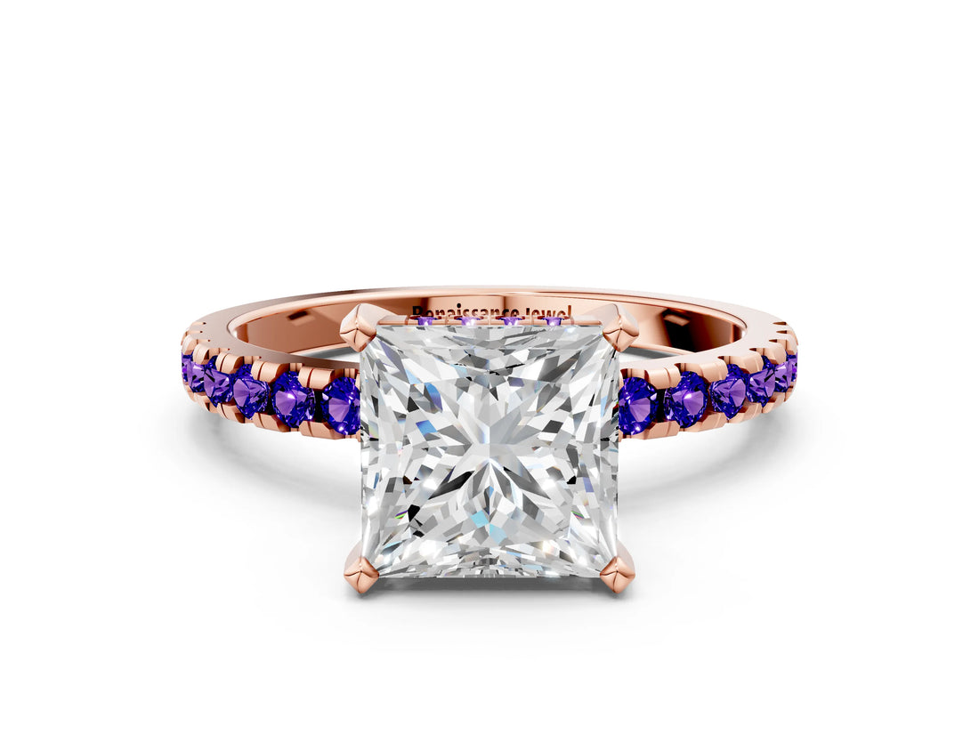 Rose gold Princess Cut Diamond Solitaire Ring with Round with Tanzanite side stone Pavé Band and Four-Prong Setting_36