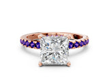 Rose gold Princess Cut Diamond Solitaire Ring with Round with Tanzanite side stone Pavé Band and Four-Prong Setting_36