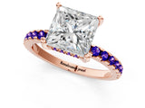 Rose gold Princess Cut Diamond Solitaire Ring with Round with Tanzanite side stone Pavé Band and Four-Prong Setting_37