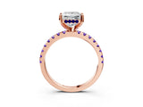 Rose gold Princess Cut Diamond Solitaire Ring with Round with Tanzanite side stone Pavé Band and Four-Prong Setting_39