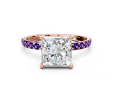 Rose gold Princess Cut Diamond Solitaire Ring with Round with Tanzanite side stone Pavé Band and Prong Setting_12