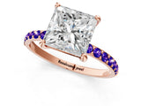 Rose gold Princess Cut Diamond Solitaire Ring with Round with Tanzanite side stone Pavé Band and Prong Setting_13