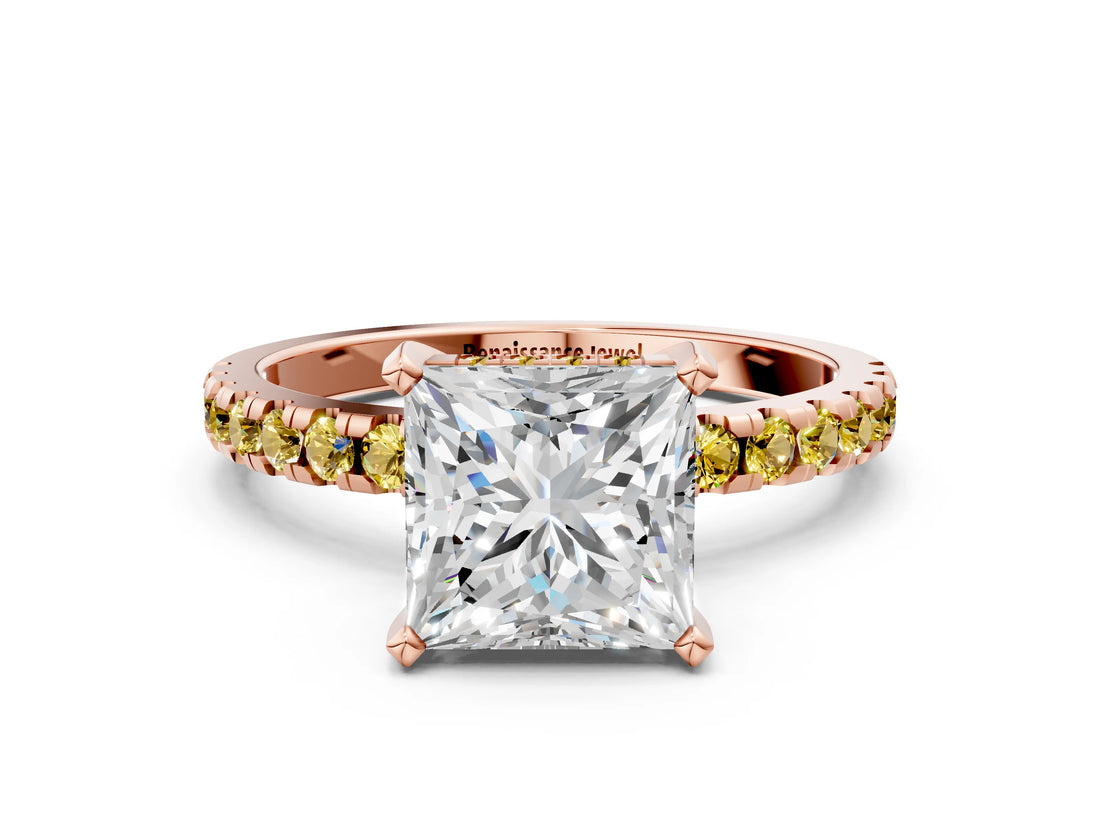 Rose gold Princess Cut Diamond Solitaire Ring with Round with Yellow Sapphire side stone Pavé Band and Four-Prong Setting_36