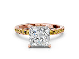 Rose gold Princess Cut Diamond Solitaire Ring with Round with Yellow Sapphire side stone Pavé Band and Four-Prong Setting_36