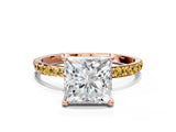 Rose gold Princess Cut Diamond Solitaire Ring with Round with Yellow Sapphire side stone Pavé Band and Prong Setting_12