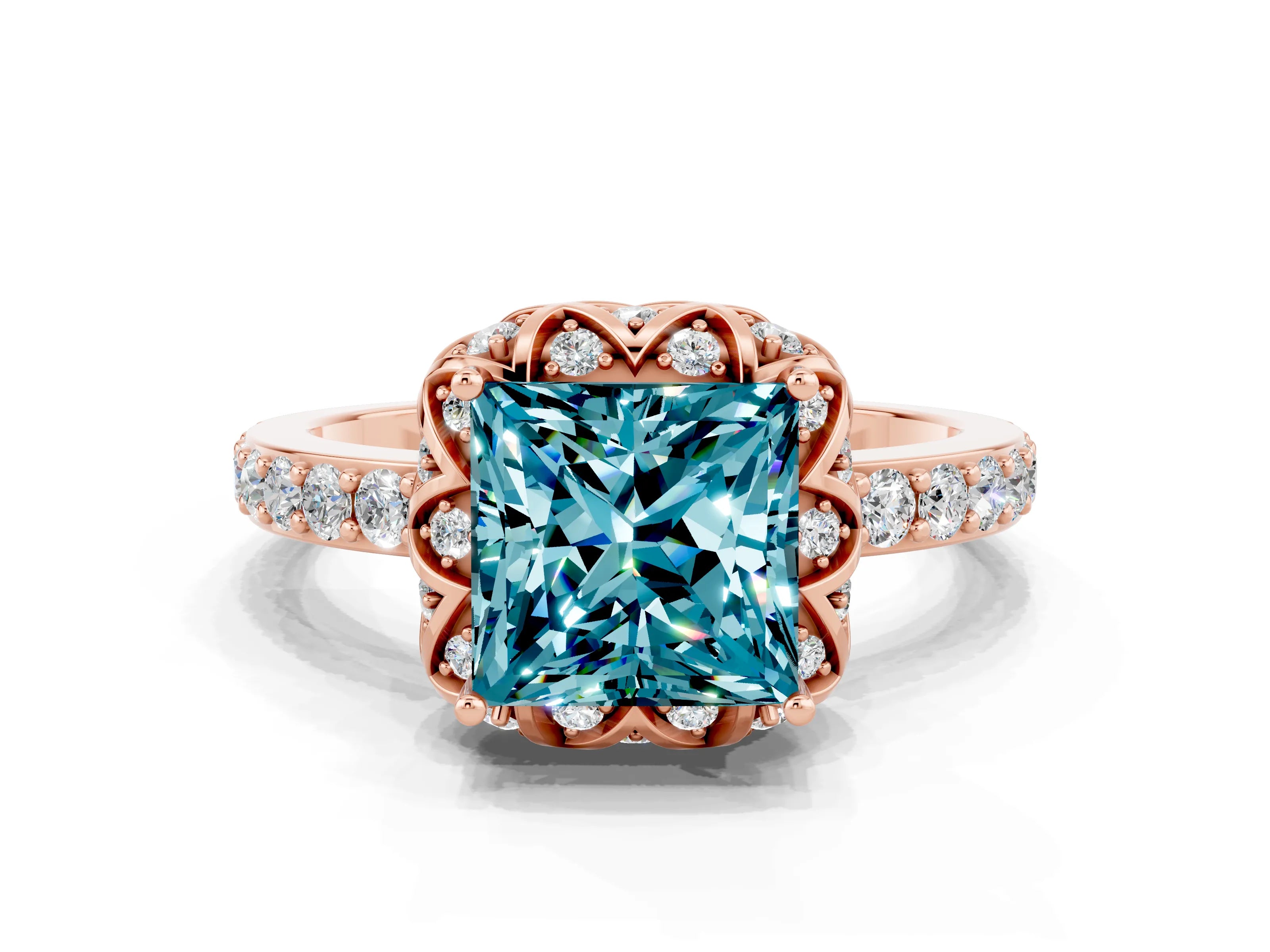 Rose gold Princess Cut Diamond Solitaire Ring with Shared Prong Pavé Band