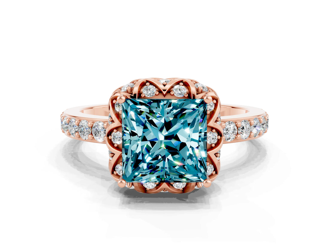 Rose gold Princess Cut Diamond Solitaire Ring with Shared Prong Pavé Band