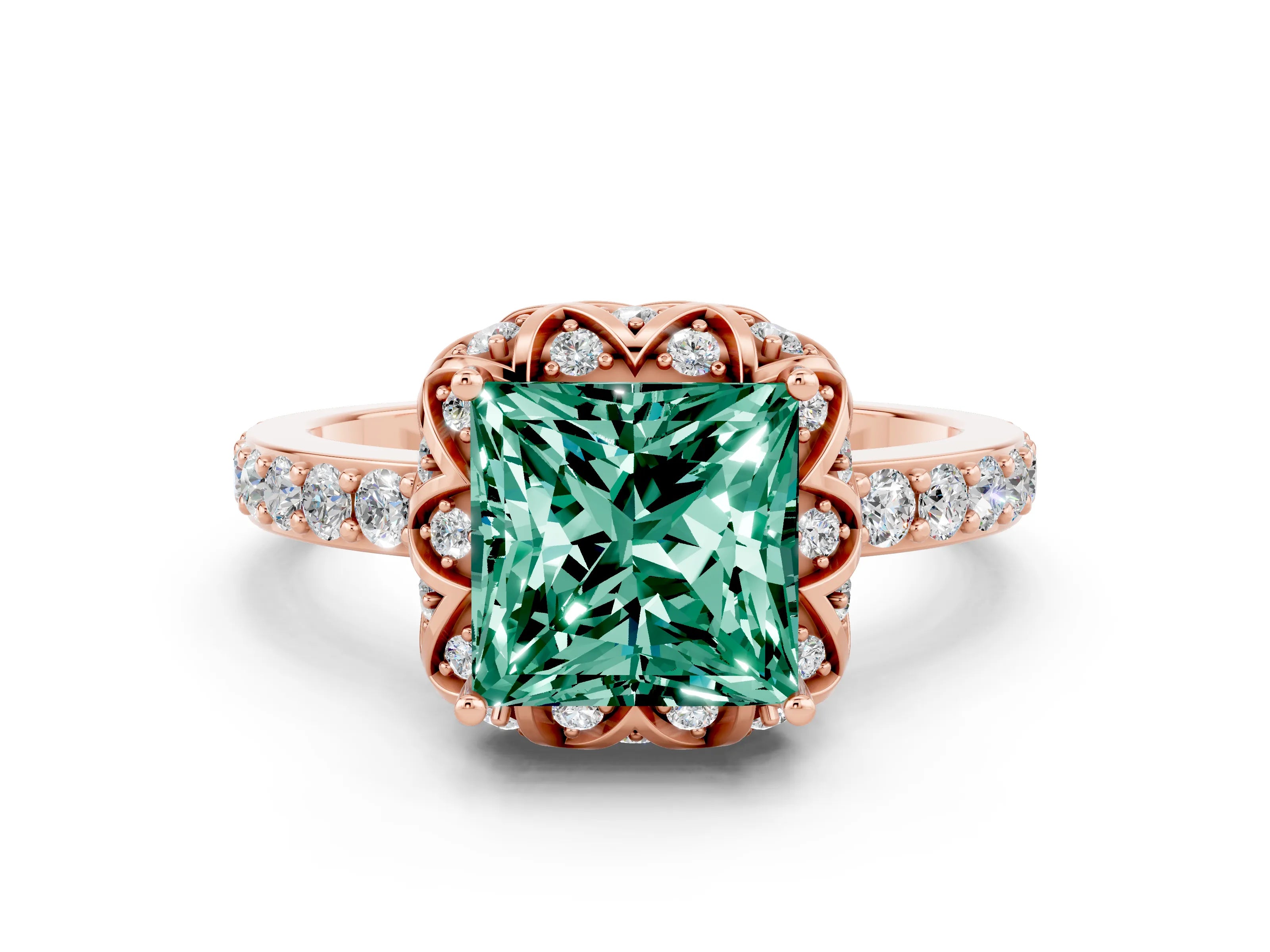 Rose gold Princess Cut Diamond Solitaire Ring with Shared Prong Pavé Band