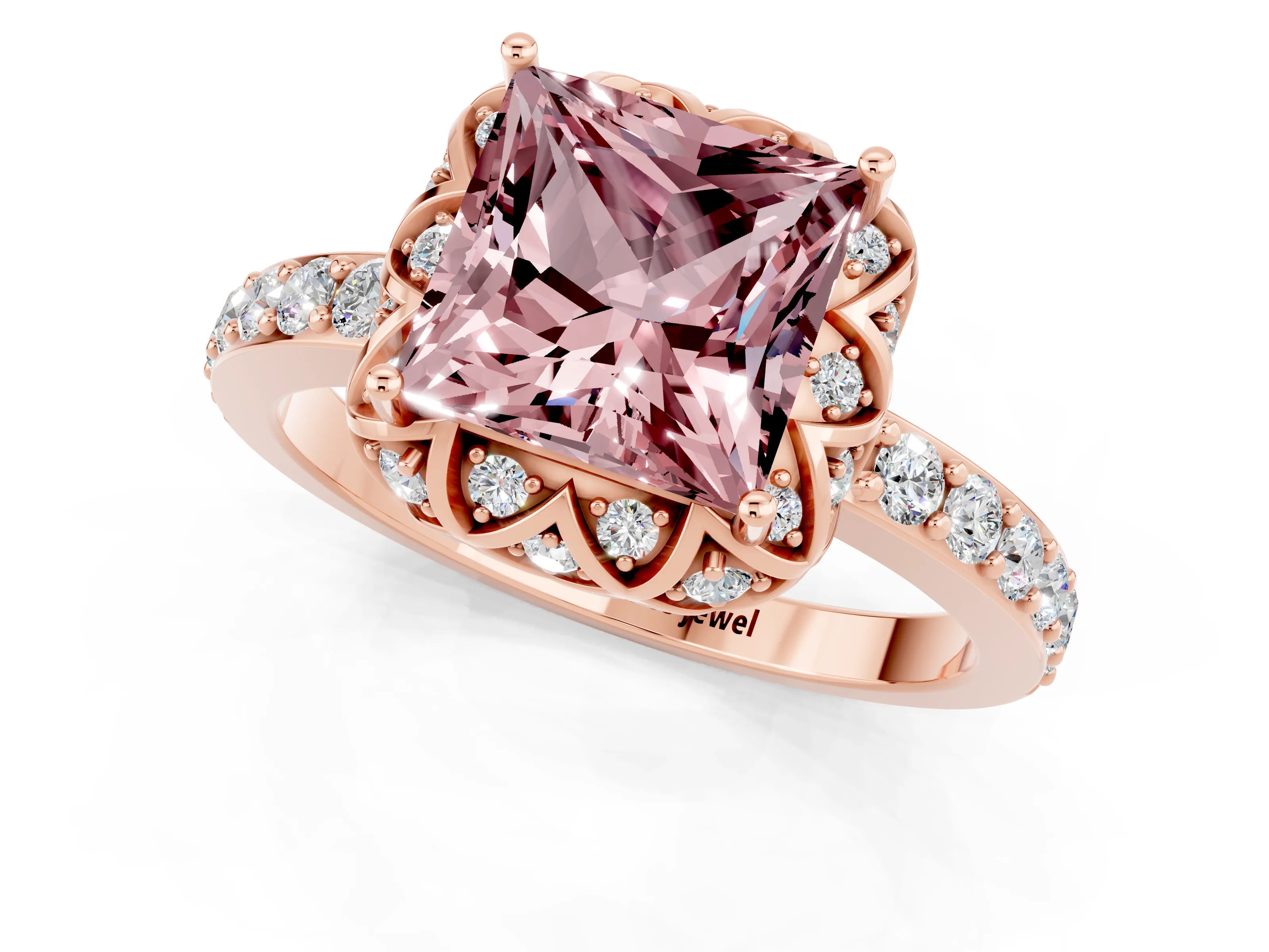 Rose gold Princess Cut Diamond Solitaire Ring with Shared Prong Pavé Band_1