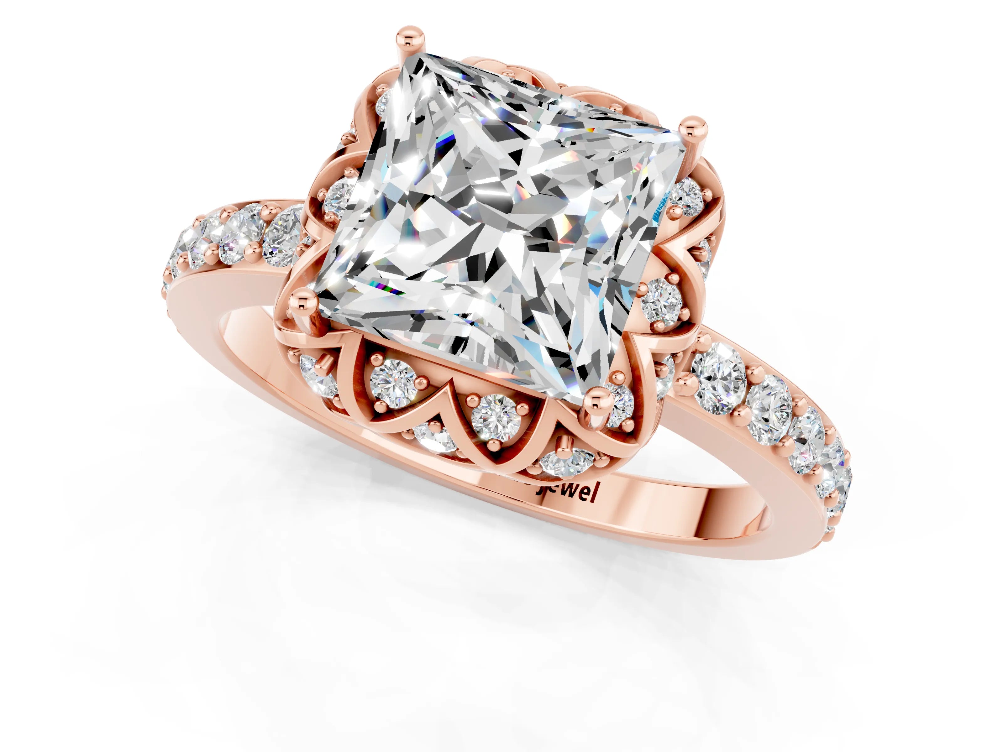 Rose gold Princess Cut Diamond Solitaire Ring with Shared Prong Pavé Band_1