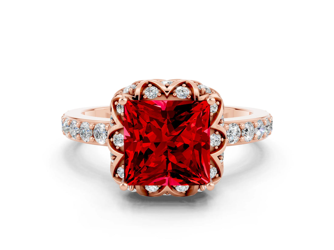 Rose gold Princess Cut Diamond Solitaire Ring with Shared Prong Pavé Band
