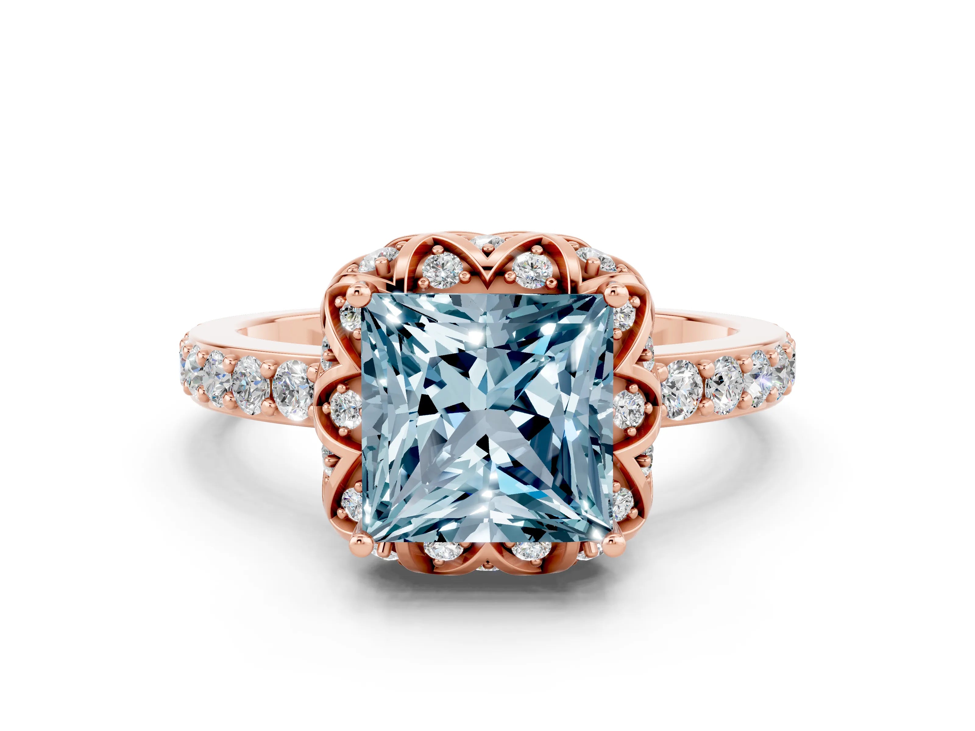 Rose gold Princess Cut Diamond Solitaire Ring with Shared Prong Pavé Band