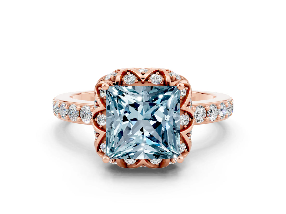 Rose gold Princess Cut Diamond Solitaire Ring with Shared Prong Pavé Band