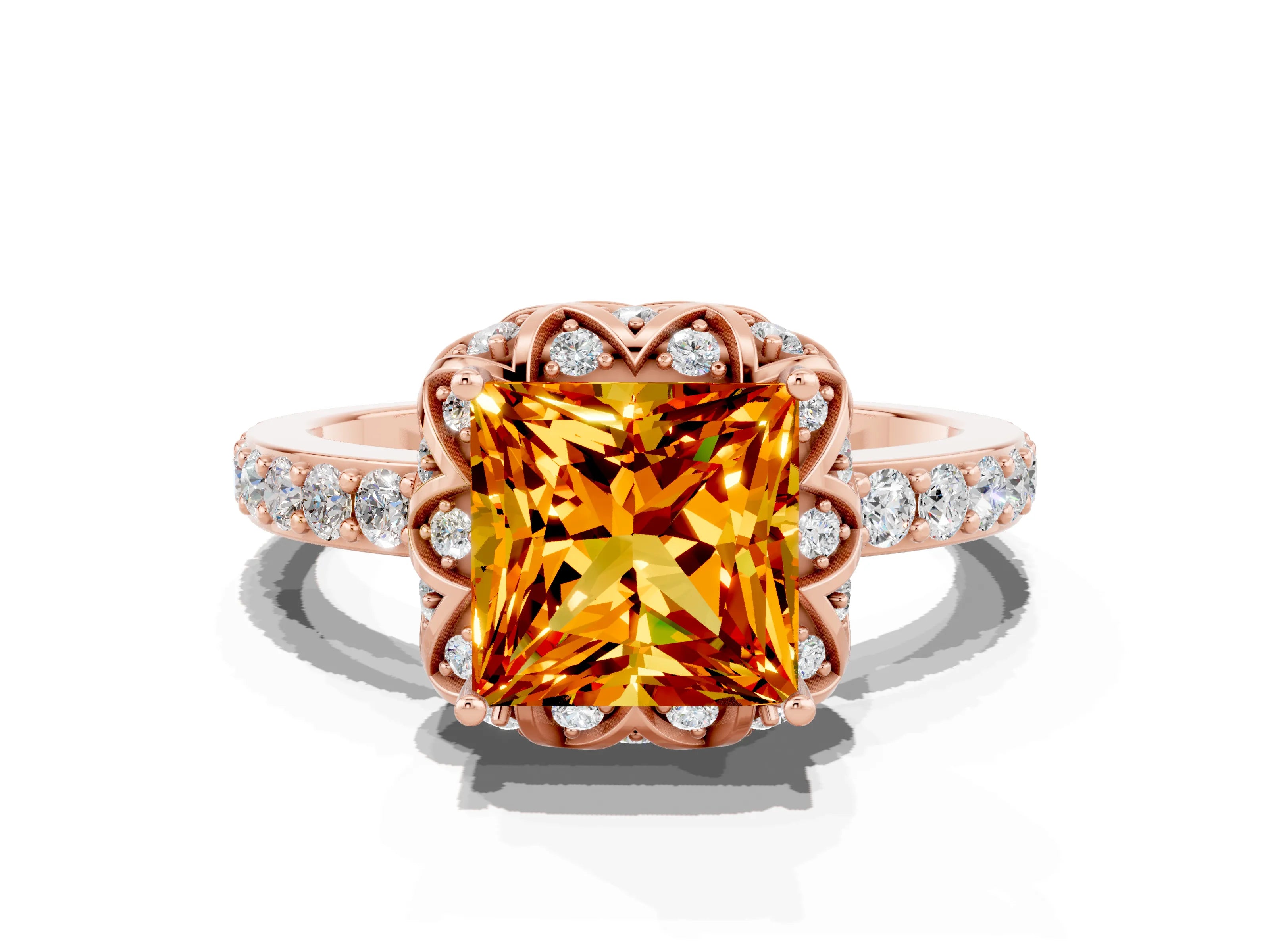 Rose gold Princess Cut Diamond Solitaire Ring with Shared Prong Pavé Band