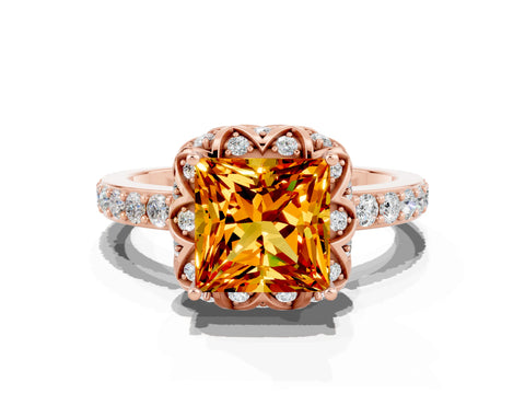 Rose gold Princess Cut Diamond Solitaire Ring with Shared Prong Pavé Band