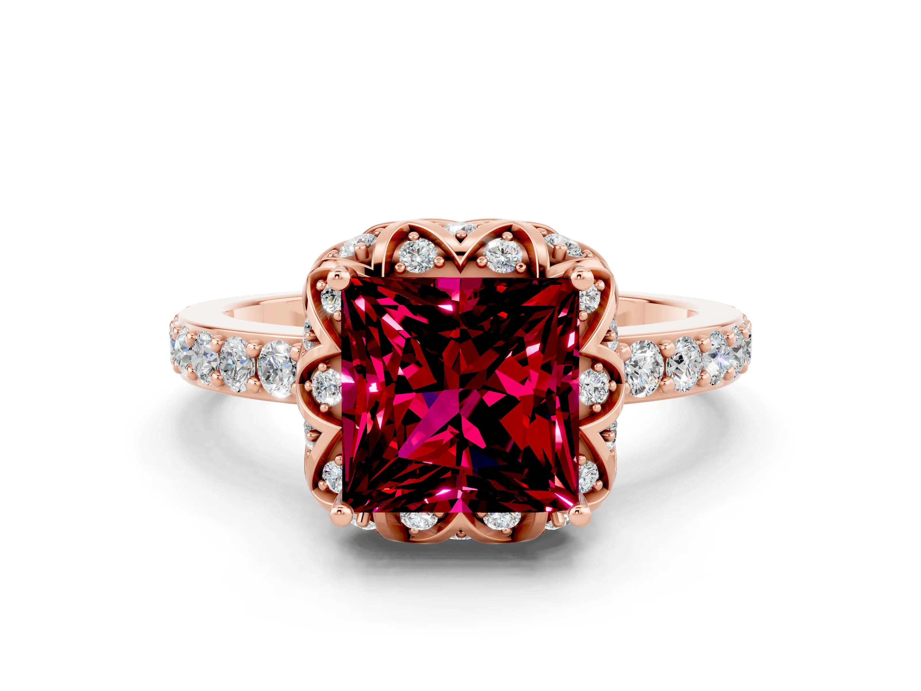 Rose gold Princess Cut Diamond Solitaire Ring with Shared Prong Pavé Band