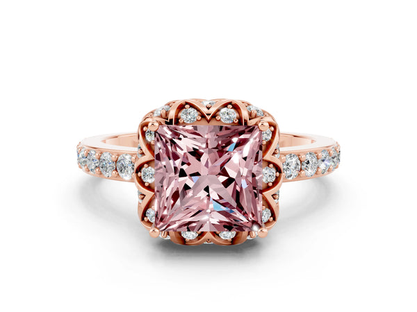 Rose gold Princess Cut Diamond Solitaire Ring with Shared Prong Pavé Band