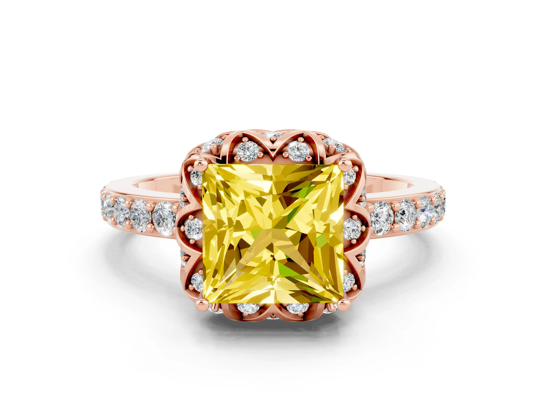 Rose gold Princess Cut Diamond Solitaire Ring with Shared Prong Pavé Band
