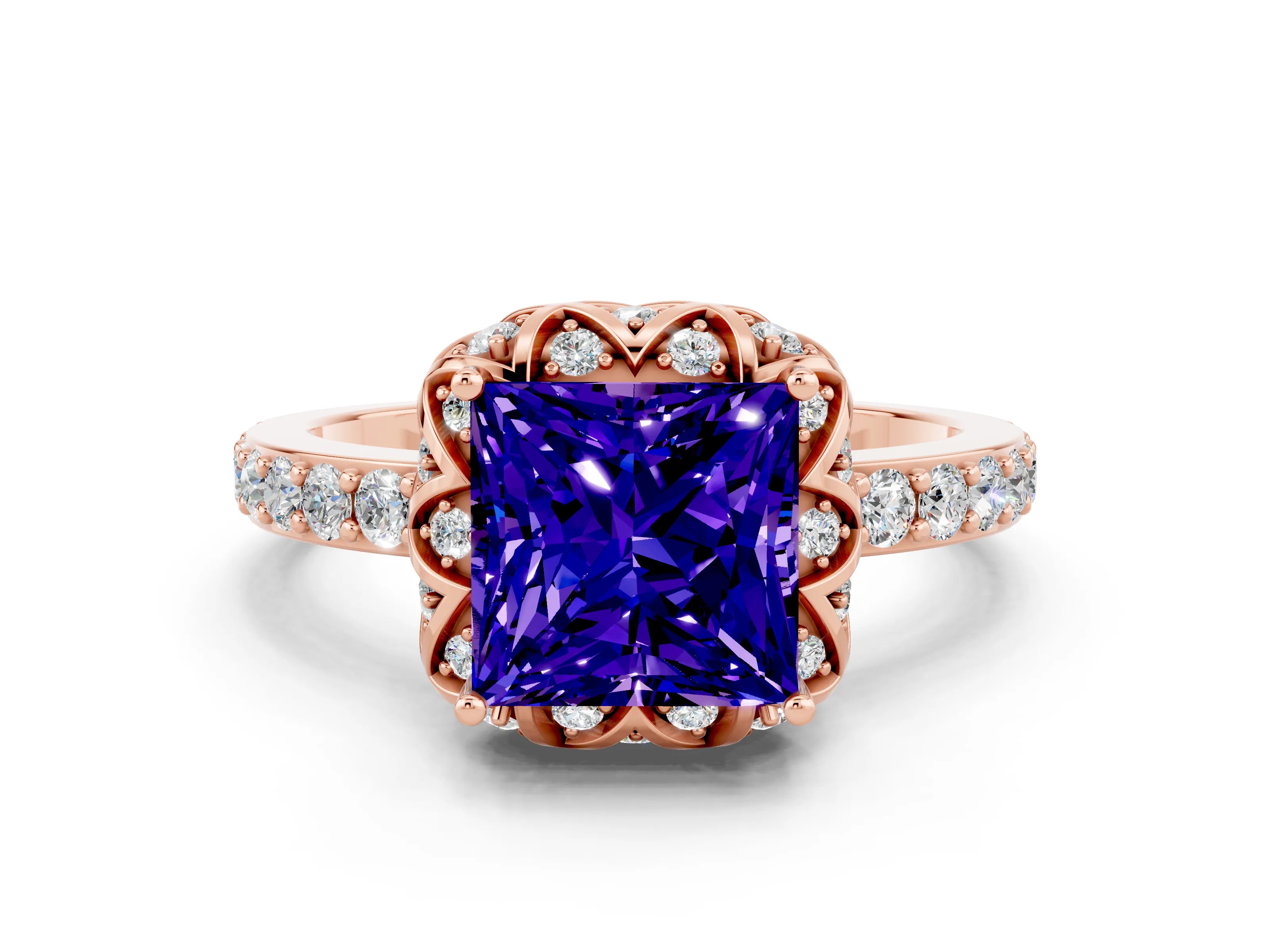 Rose gold Princess Cut Diamond Solitaire Ring with Shared Prong Pavé Band