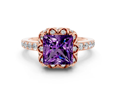 Rose gold Princess Cut Diamond Solitaire Ring with Shared Prong Pavé Band