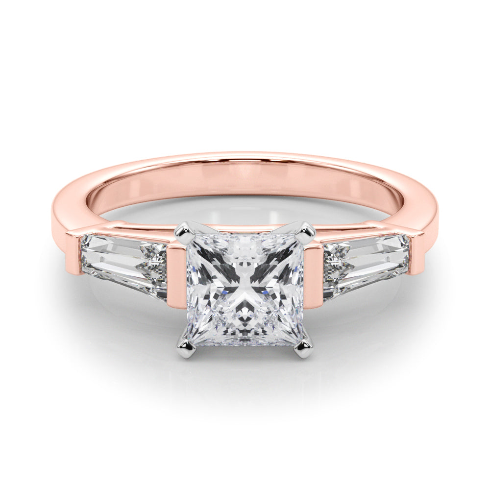Rose gold Princess Cut Diamond Solitaire Ring with Tapered Baguette Accents and Four-Prong Setting 1