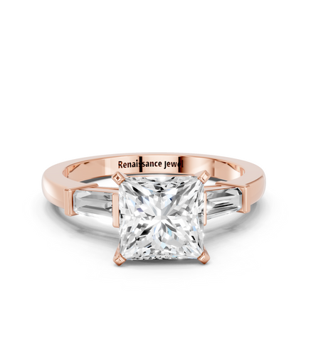 Rose gold Princess Cut Diamond Solitaire Ring with Tapered Baguette Accents and Four-Prong Setting_14