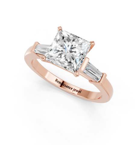 Rose gold Princess Cut Diamond Solitaire Ring with Tapered Baguette Accents and Four-Prong Setting_6