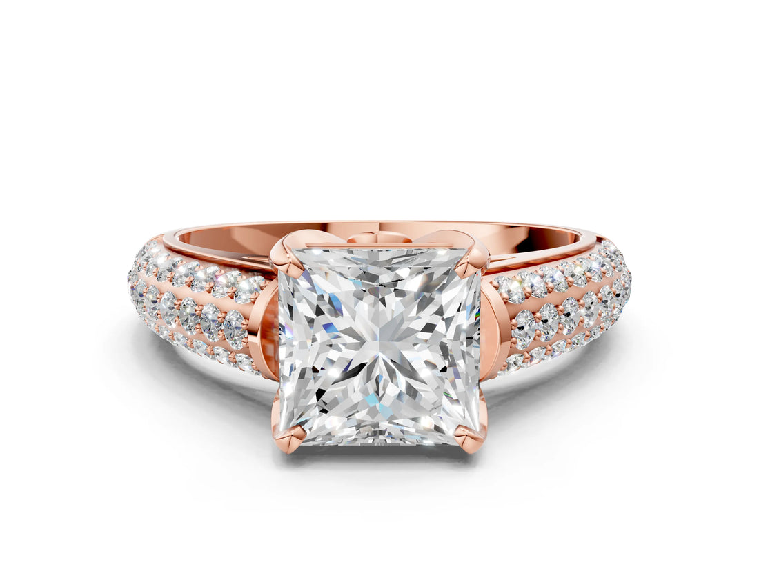 Rose gold Princess Cut Diamond Solitaire Ring with Three-Row Pavé Band and Four-Prong Setting_35