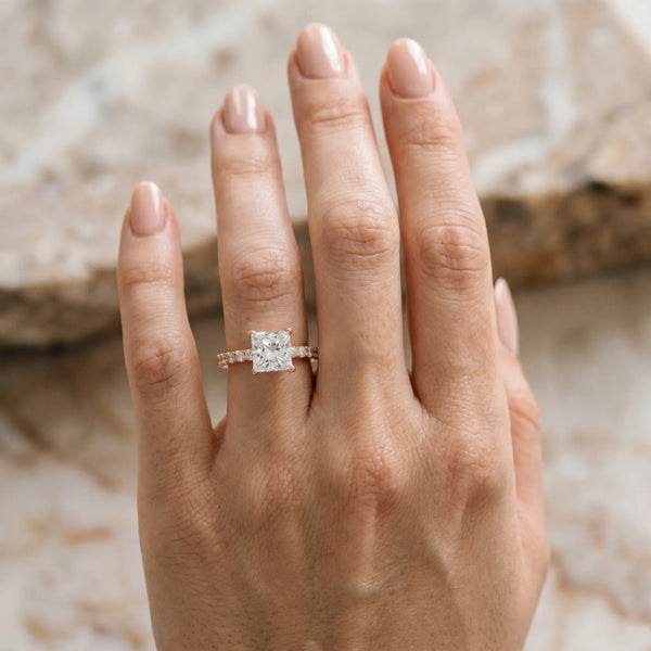 Rose gold Princess Cut Diamond Solitaire Ring with U-Prong Diamond Band and Four Prong Setting