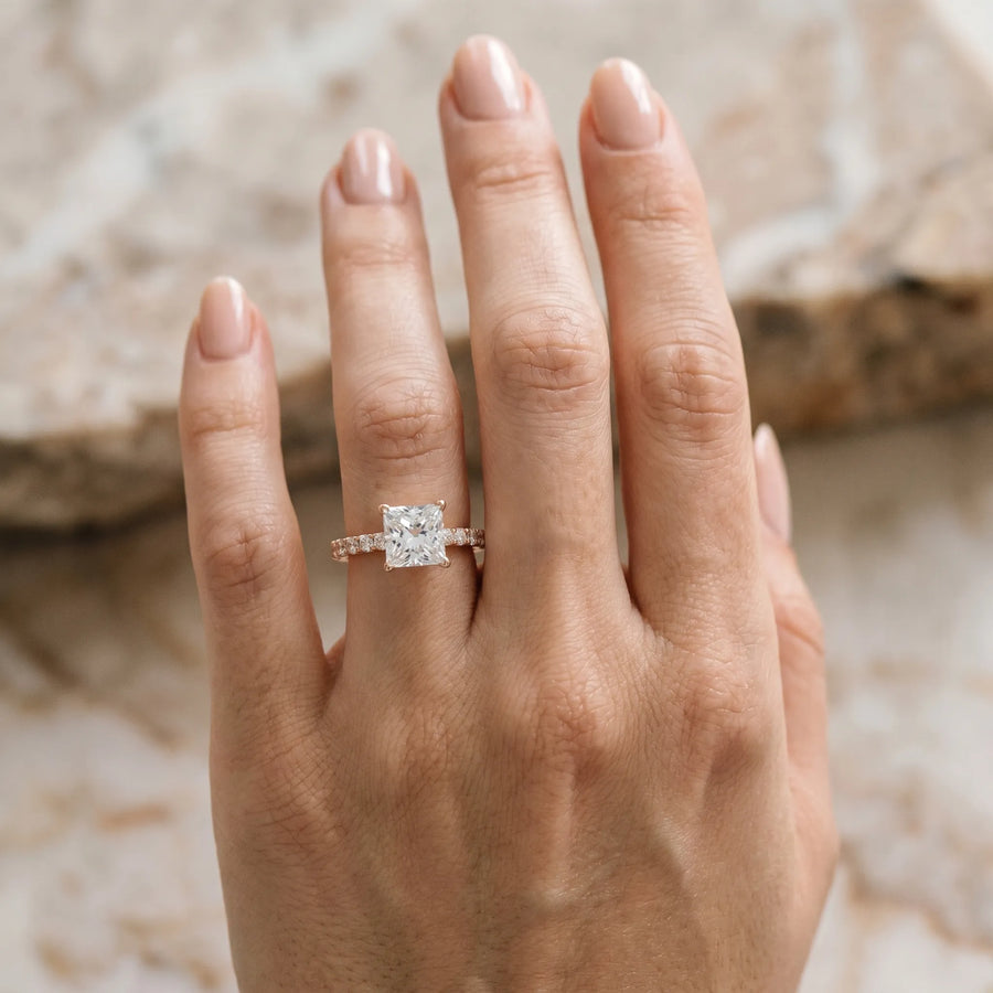 Rose gold Princess Cut Diamond Solitaire Ring with U-Prong Diamond Band and Four Prong Setting