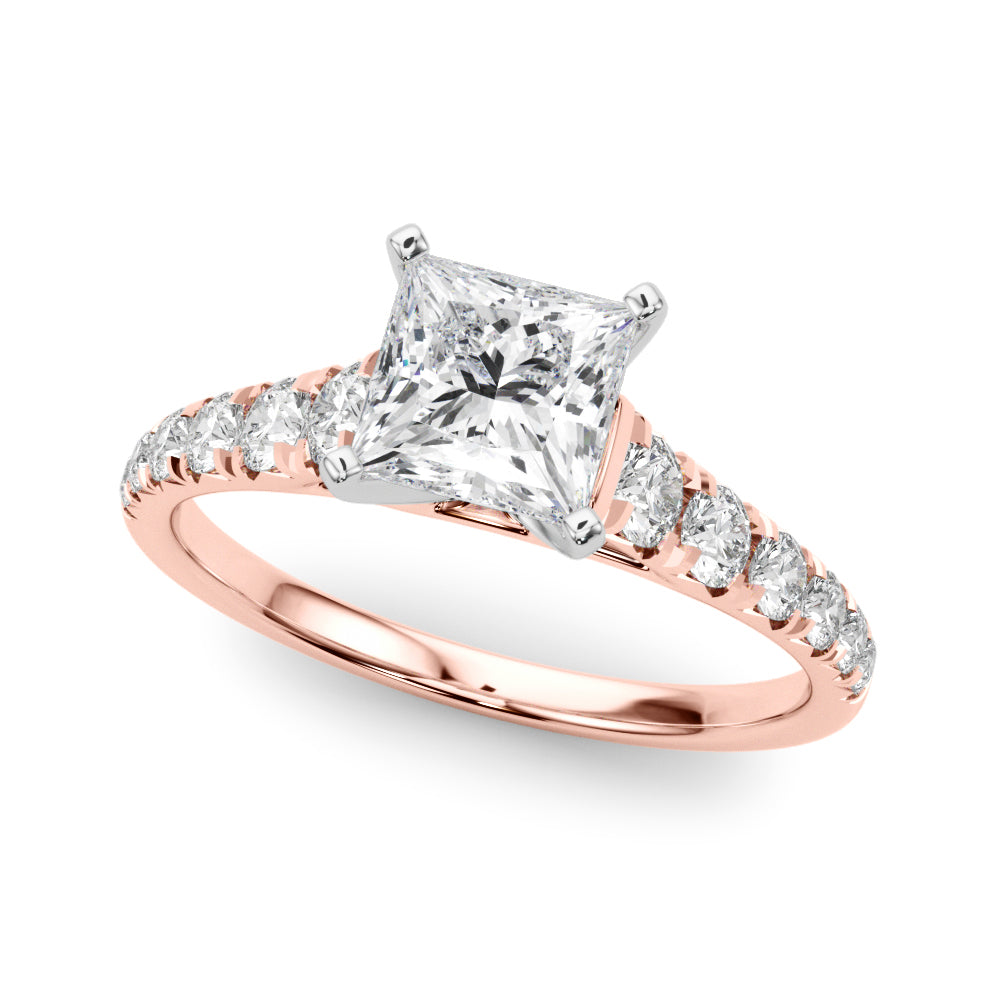 Rose gold Princess Cut Diamond Solitaire with Pave Band and Four-Prong Setting