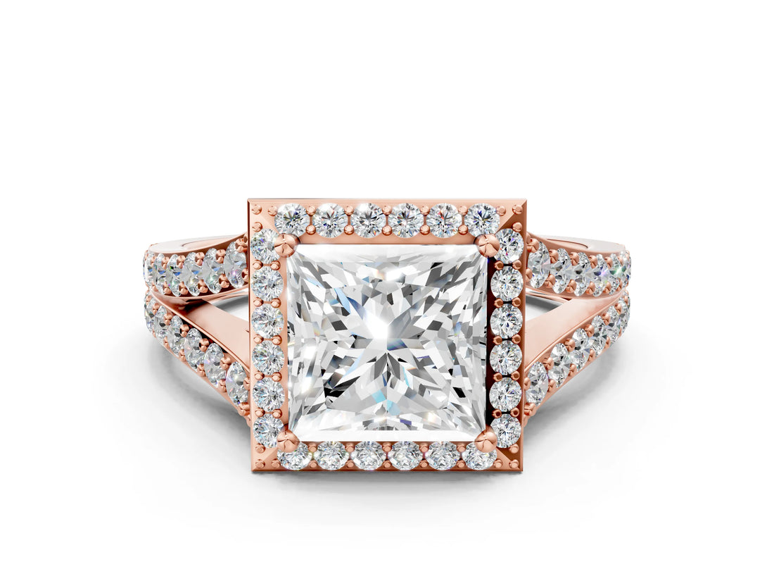 Rose gold Princess Cut Diamond Split Shank Halo Ring with Four-Prong Setting_58