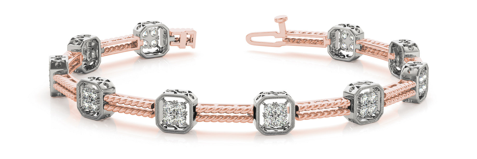 Rose gold Princess Cut Diamond Tennis Bracelet with Rope Band and Bezel Setting