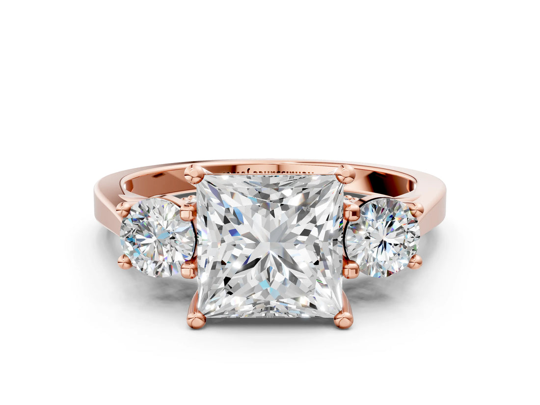Rose gold Princess Cut Diamond Three-Stone Engagement Ring with Prong Setting and Pavé Band_3