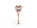 Rose gold Princess Cut Diamond Three-Stone Halo Ring with Prong Setting and Pavé Accents_11