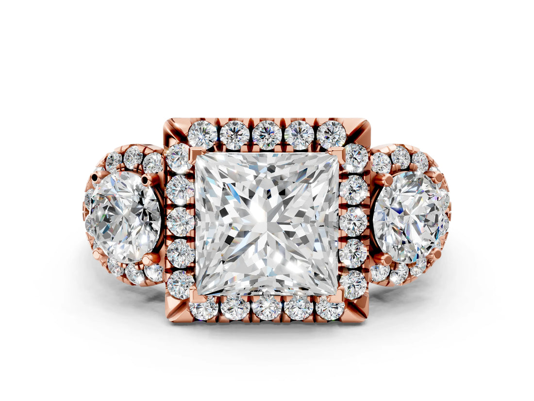 Rose gold Princess Cut Diamond Three-Stone Halo Ring with Prong Setting and Pavé Accents_9