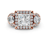 Rose gold Princess Cut Diamond Three-Stone Halo Ring with Prong Setting and Pavé Accents_9