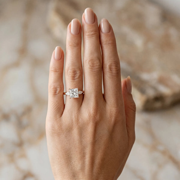 Rose Gold Princess Cut Three Stone Engagement Ring Setting with Pear Side Stones