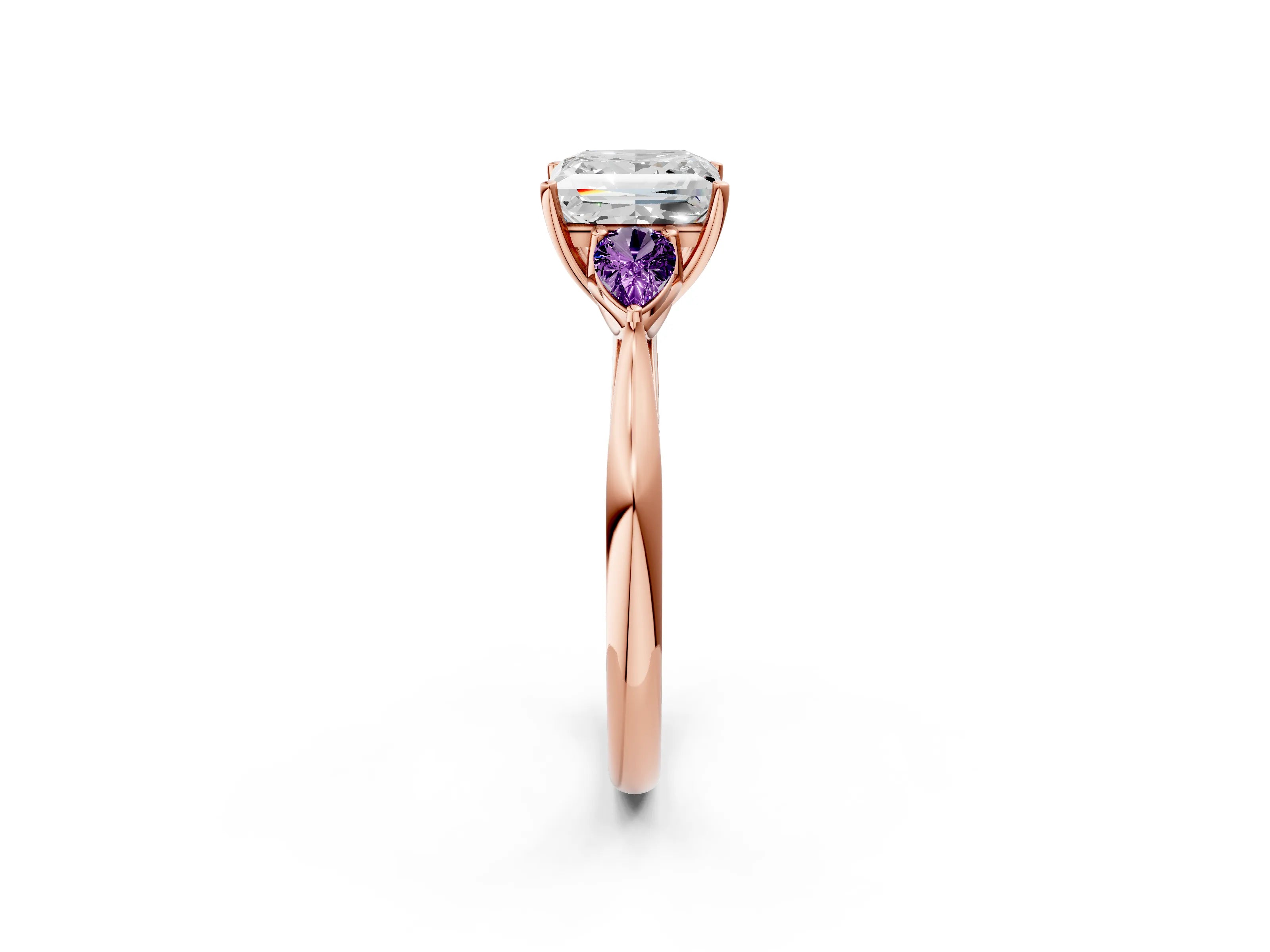 Rose gold Princess Cut Diamond Three-Stone Ring with Pear with Amethyst side stone Side Stones and Prong Setting_2