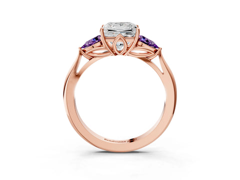 Rose gold Princess Cut Diamond Three-Stone Ring with Pear with Amethyst side stone Side Stones and Prong Setting_3
