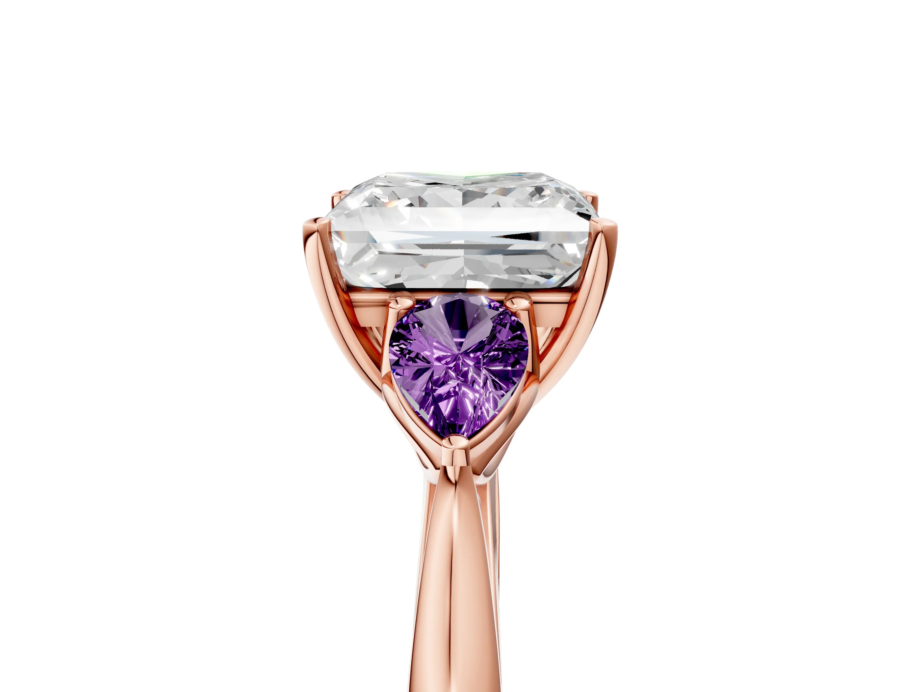Rose gold Princess Cut Diamond Three-Stone Ring with Pear with Amethyst side stone Side Stones and Prong Setting_5