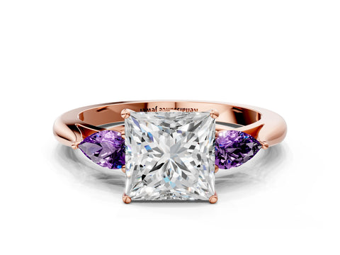 Rose gold Princess Cut Diamond Three-Stone Ring with Pear with Amethyst side stone Side Stones and Prong Setting