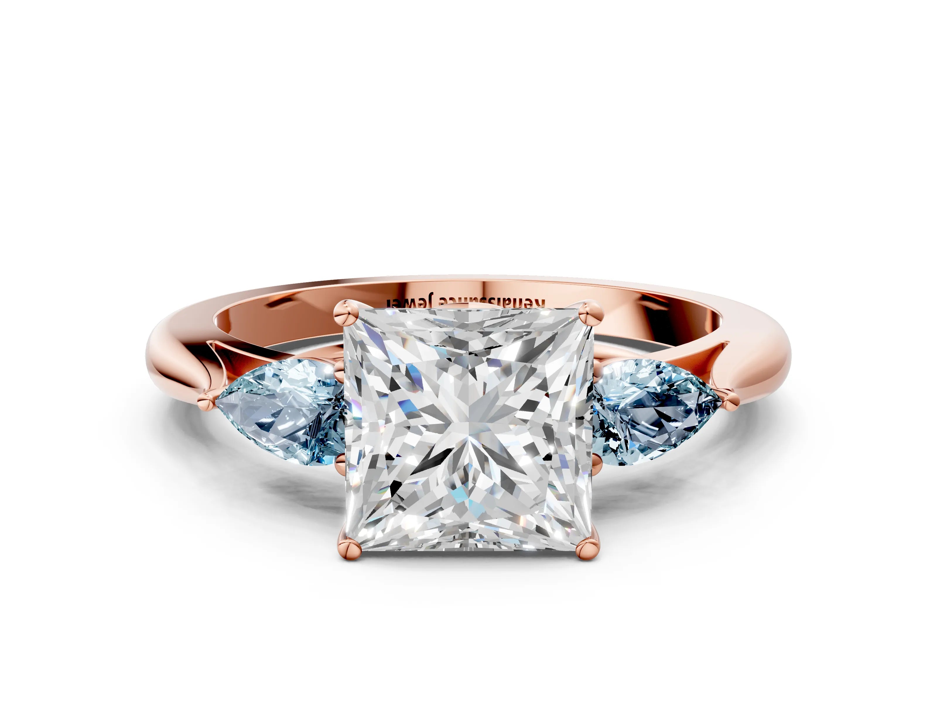 Rose gold Princess Cut Diamond Three-Stone Ring with Pear with Aquamarine side stone Side Stones and Prong Setting