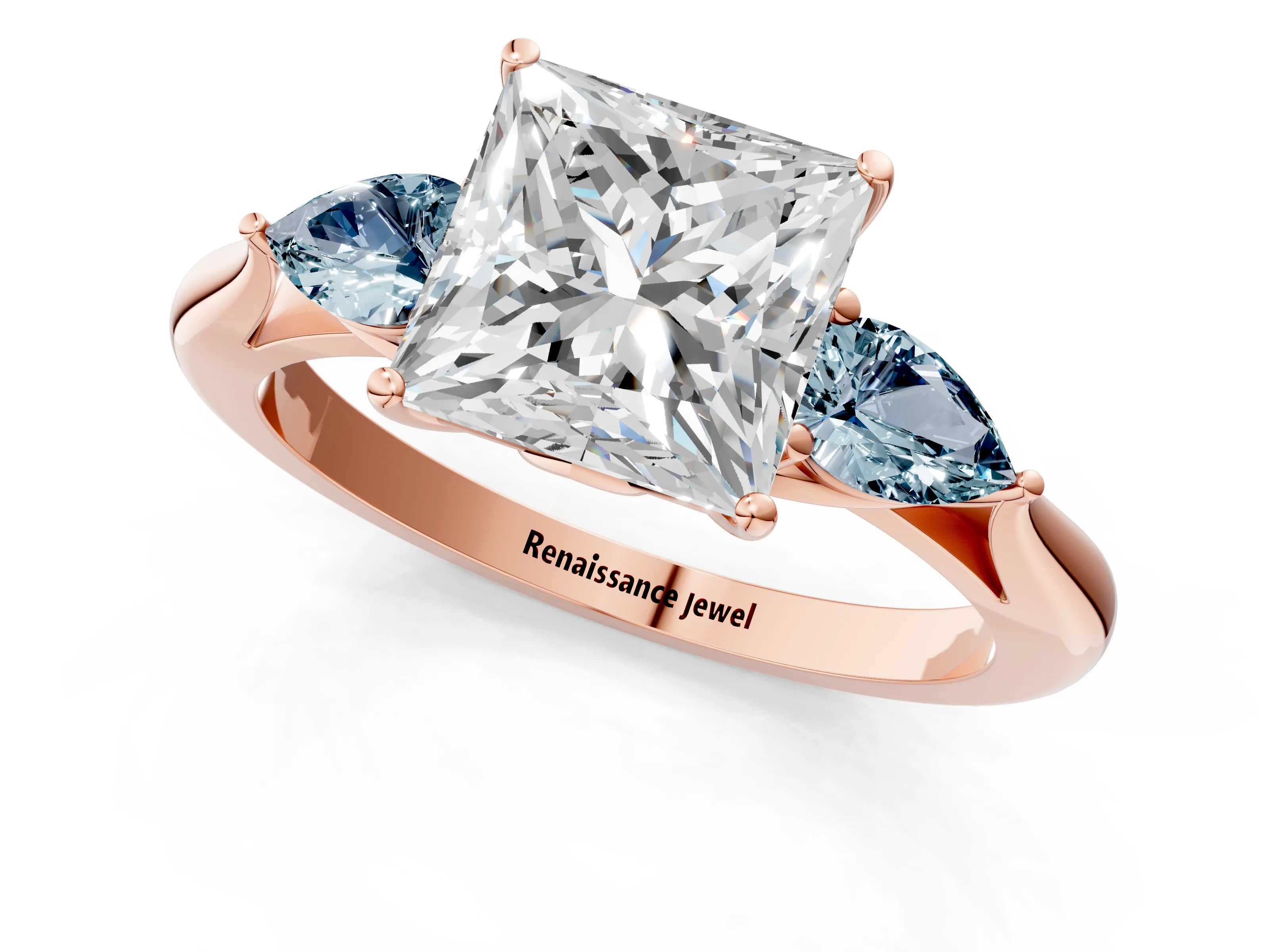Rose gold Princess Cut Diamond Three-Stone Ring with Pear with Aquamarine side stone Side Stones and Prong Setting_1