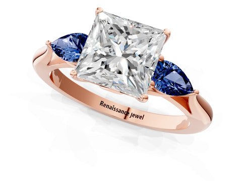 Rose gold Princess Cut Diamond Three-Stone Ring with Pear with Blue Sapphire side stone Side Stones and Prong Setting_1