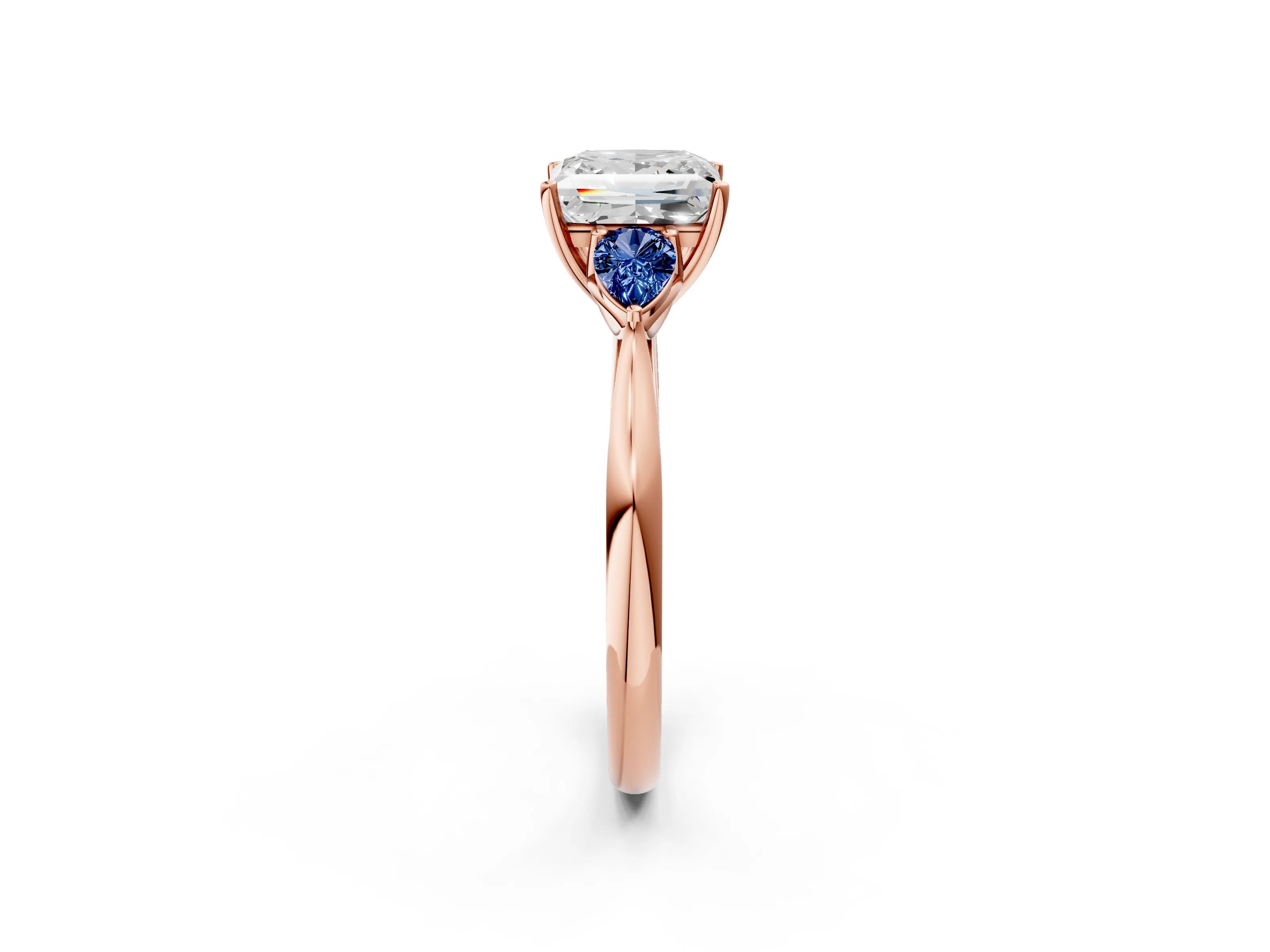Rose gold Princess Cut Diamond Three-Stone Ring with Pear with Blue Sapphire side stone Side Stones and Prong Setting_2