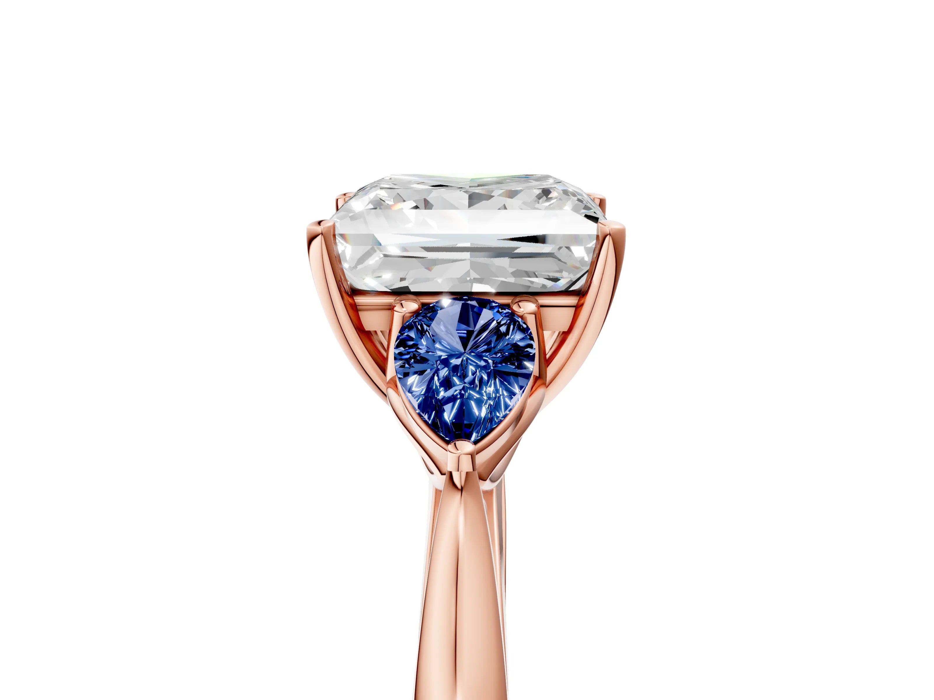 Rose gold Princess Cut Diamond Three-Stone Ring with Pear with Blue Sapphire side stone Side Stones and Prong Setting_5