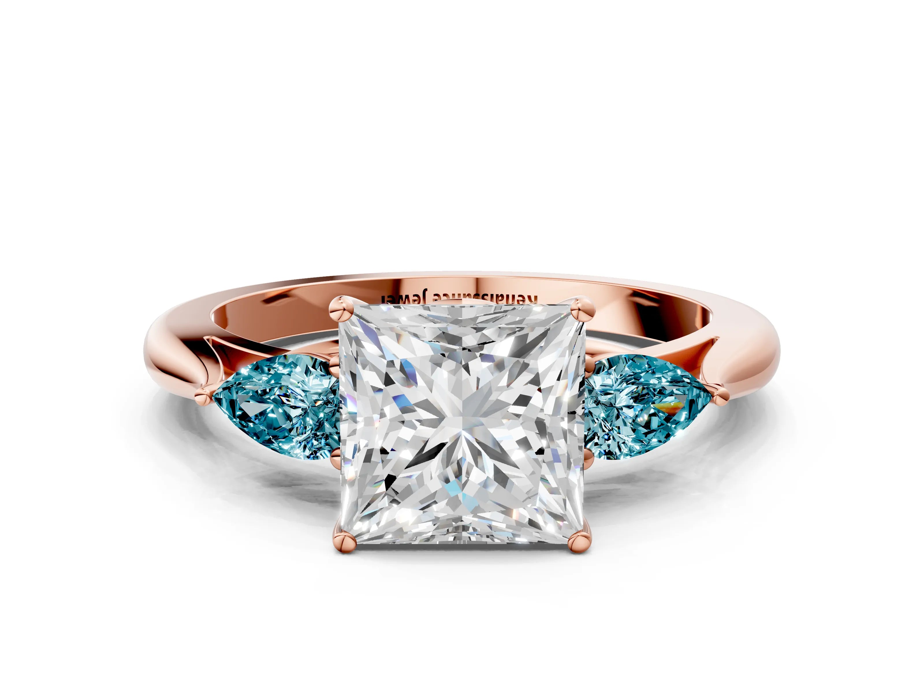 Rose gold Princess Cut Diamond Three-Stone Ring with Pear with Blue Topaz side stone Side Stones and Prong Setting
